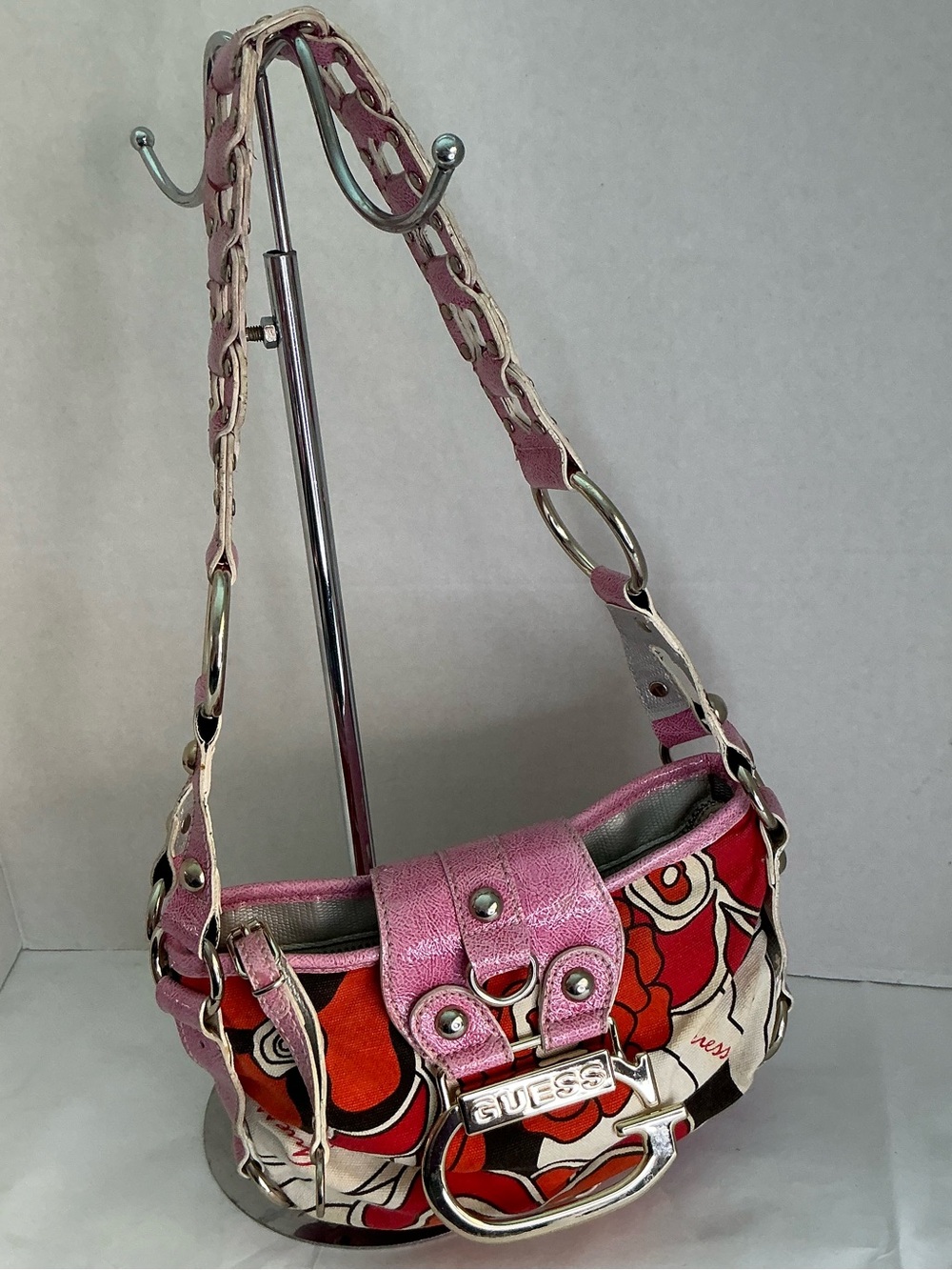Vintage Y2K Flora CanvaslGUESS Pink Floral-Print Mini Shoulder Bag Silver Harde